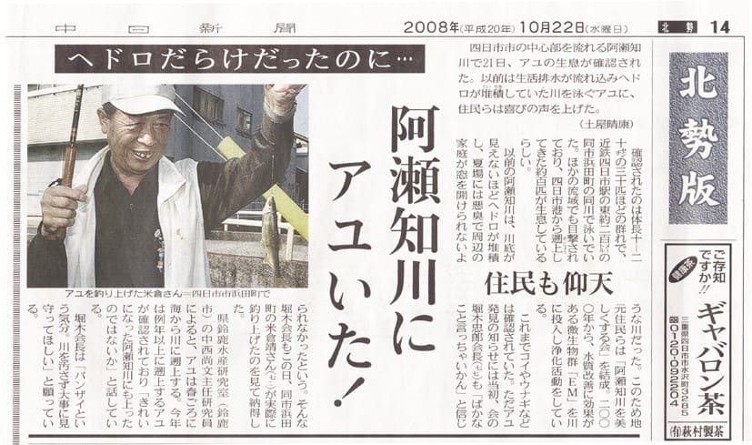 From Chunichi Newspaper on October 22, 2008
An article about Ayu fish coming back to Asachi River
