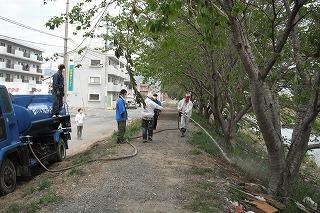 Spraying Activated EM・1® on the riverside and the EM tanks