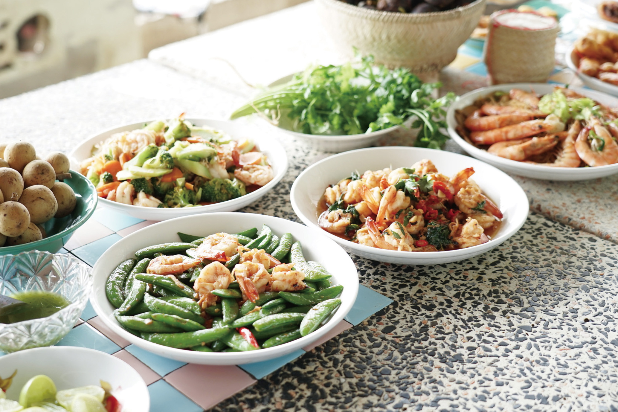 Dishes with EM shrimp at Ms. Nittaya's farm