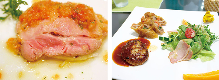 ・Photo on the left: Carpaccio of thigh meat using EM pork（Photo by European Latin Restaurant, Rico tacna)
・Photo on the right: Lunch plate (Photo by Cafe viola)