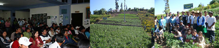Left: Dr. Higa's lecture given at Peru’s Huaraz Agricultural University
Center: Field in the Huaraz region in northern Peru
Right: Professor Higa with farmers in Huaraz
Source: "New ・Living a Dream" #17 EM Festa in Central America by Professor Teruo Higa of Meio University